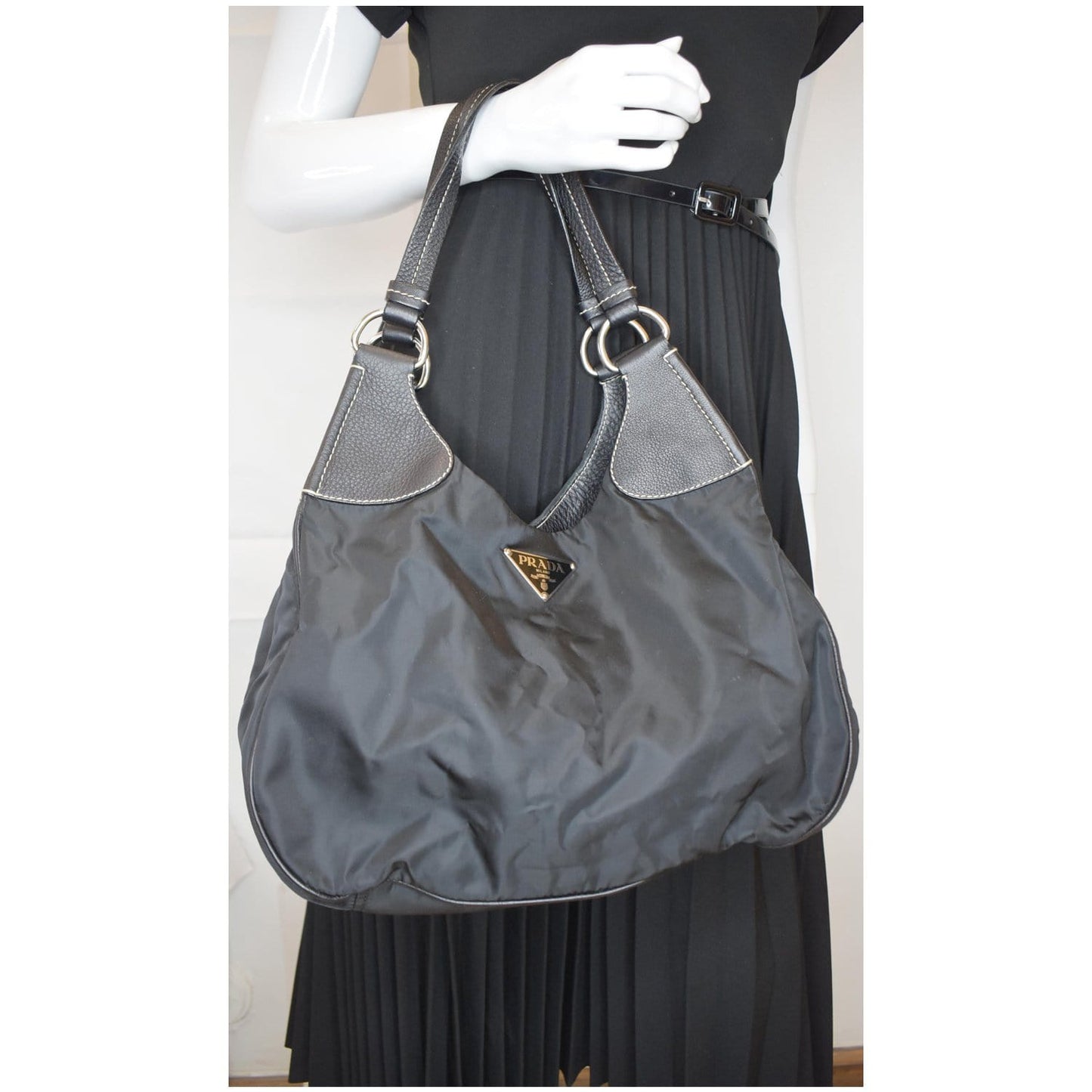 PRADA Nylon Leather Strap Hobo Bag Black