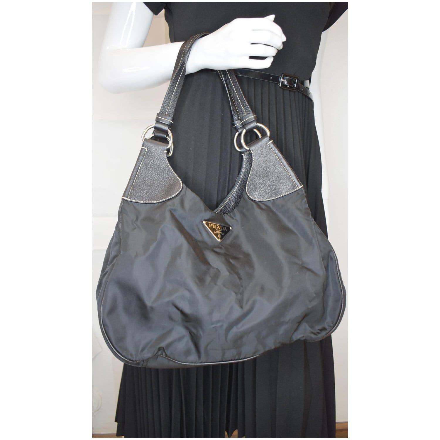 PRADA Nylon Leather Strap Hobo Bag Black