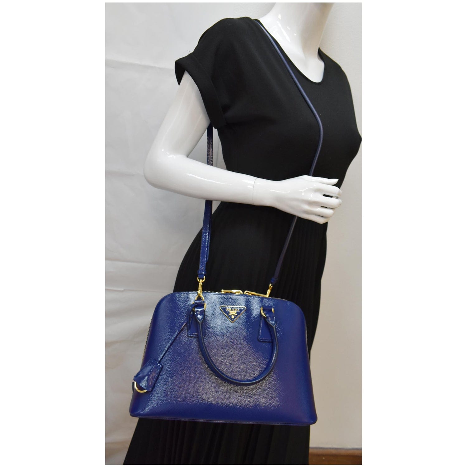 PRADA Vernice Saffiano Leather Top Handle Bag Blue