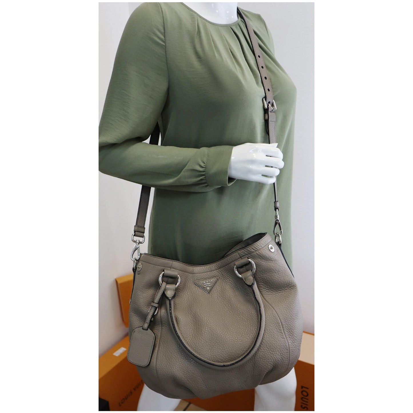 PRADA Vitello Daino Leather Tote Crossbody Bag Taupe