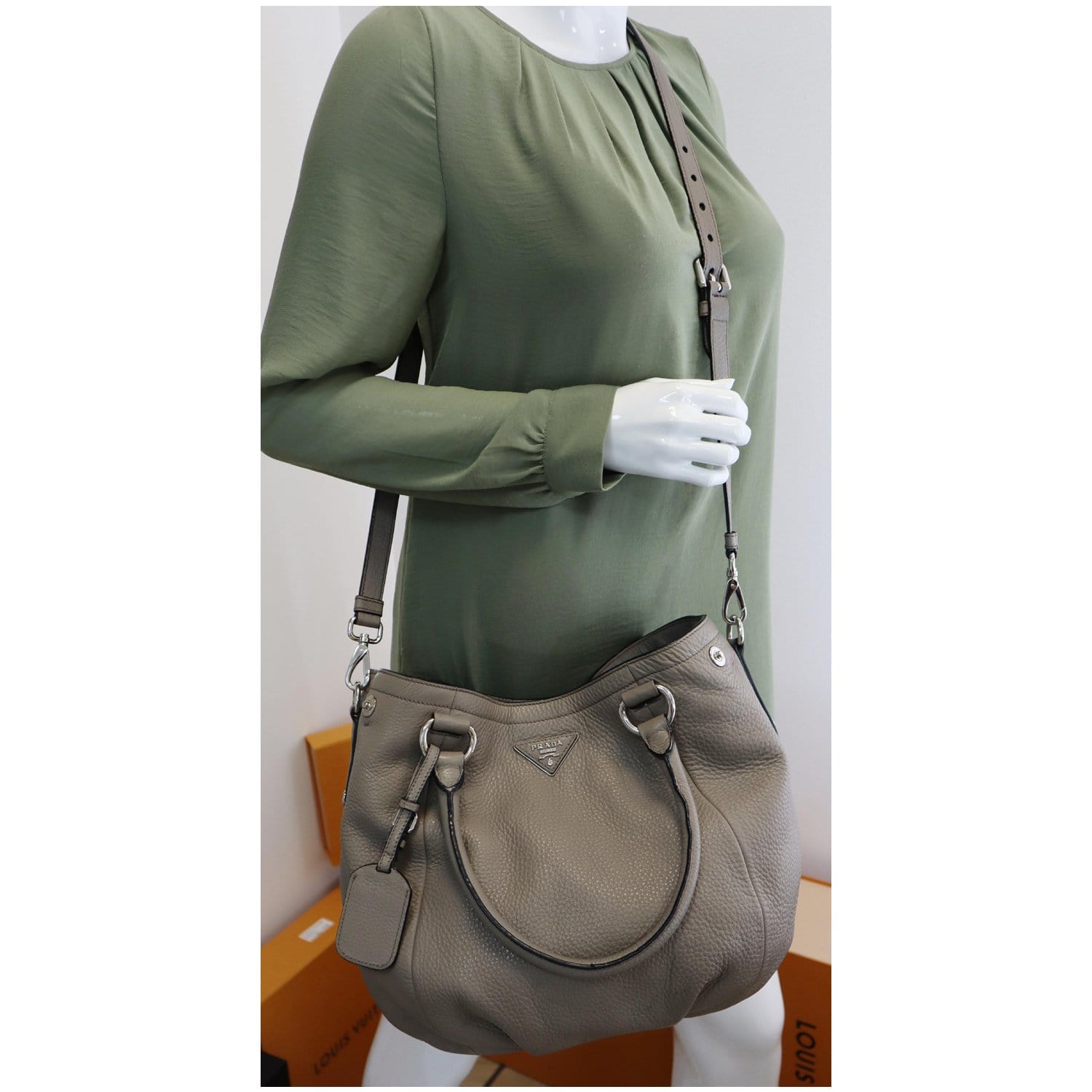 PRADA Vitello Daino Leather Tote Crossbody Bag Taupe