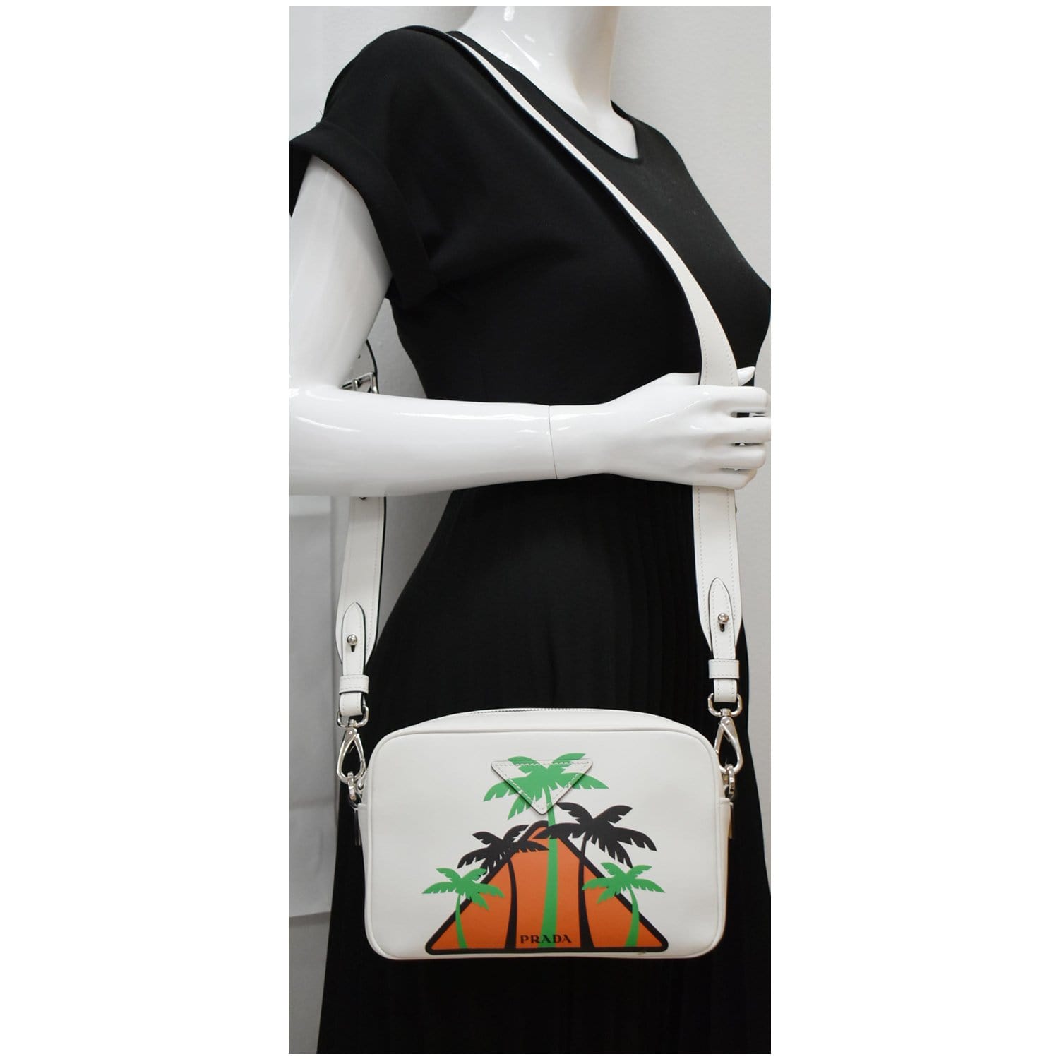 PRADA City Palm Tree Print Calfskin Leather Camera Bag White