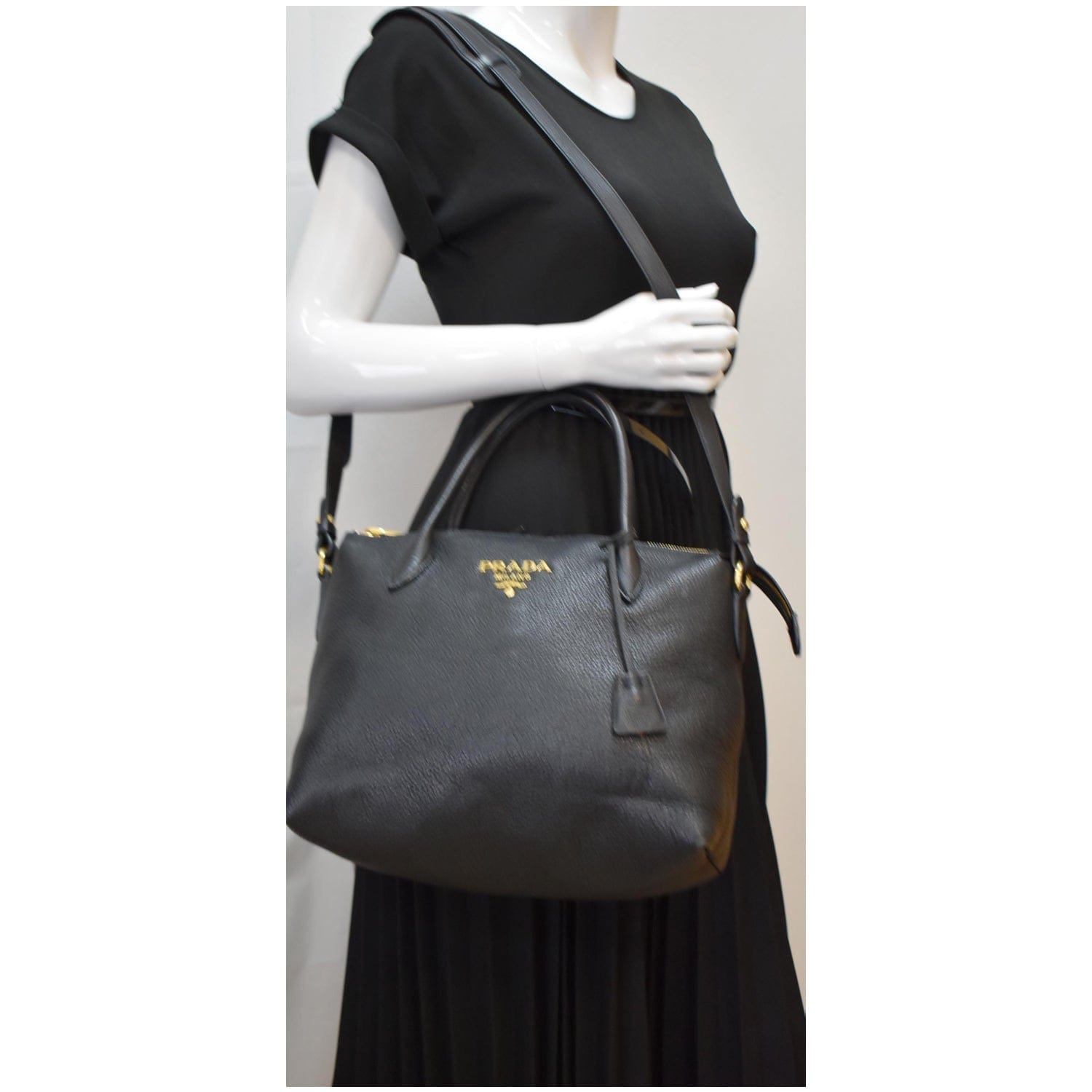 PRADA Vitello Phenix Leather Shoulder Bag Black