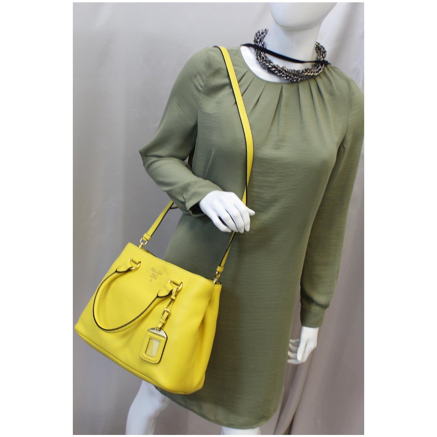 PRADA Vitello Phenix Leather Tote Bag Yellow - 25% OFF