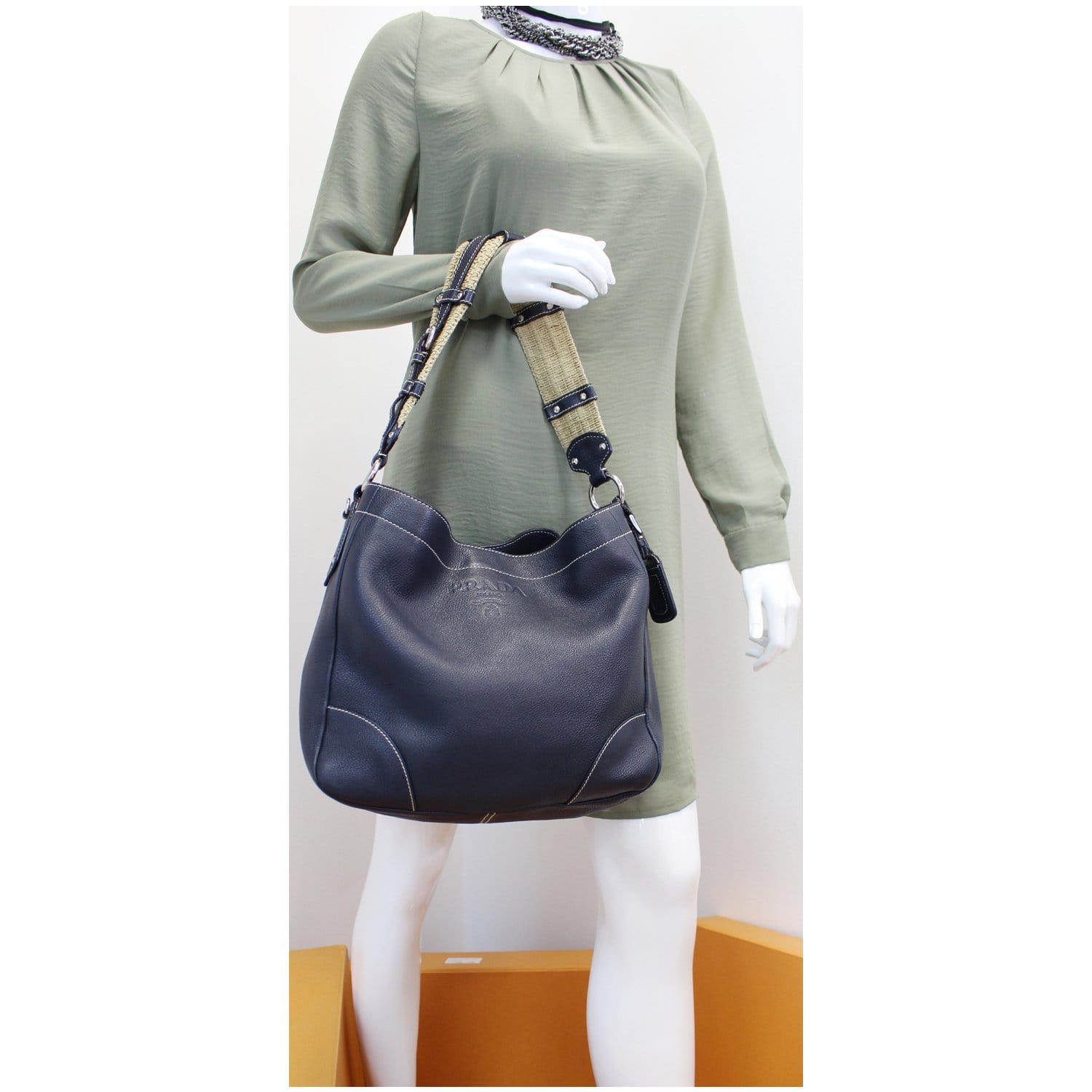 PRADA Milano Leather Shoulder Bag Navy Blue