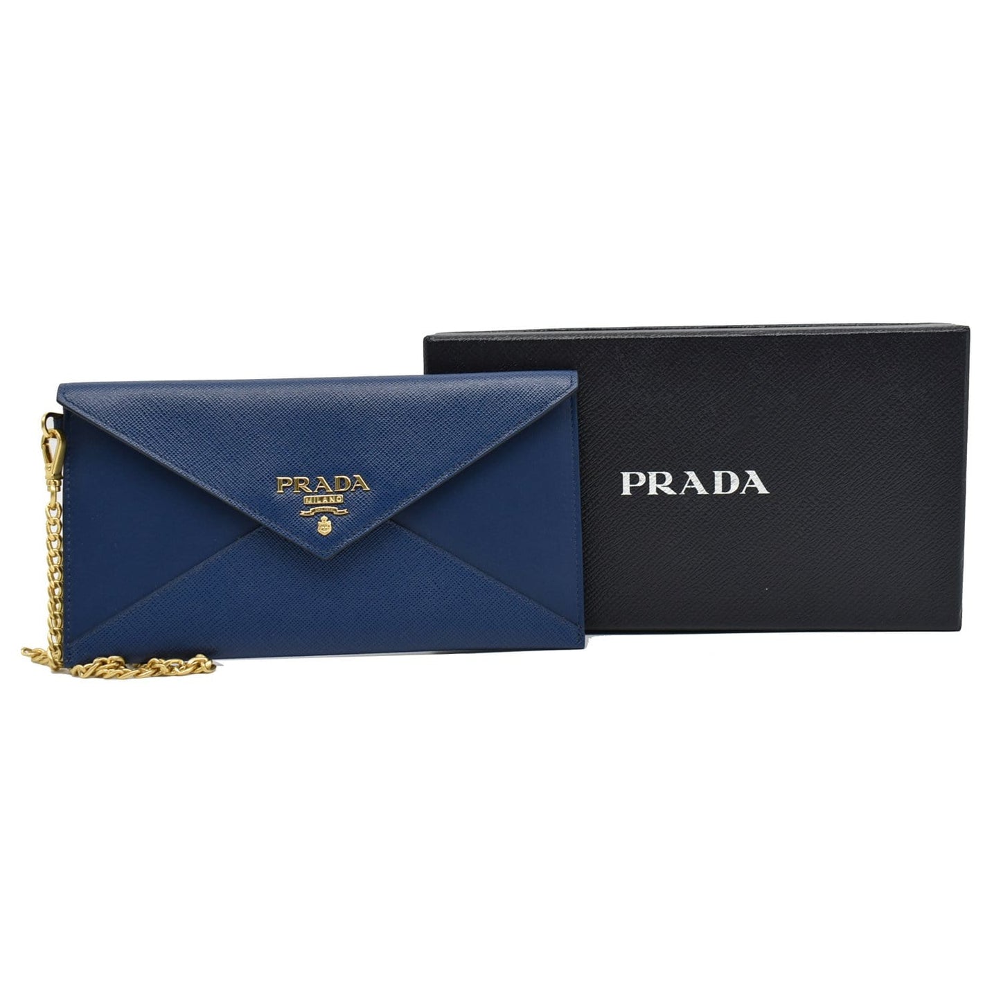 PRADA Envelope Leather Chain Clutch Blue