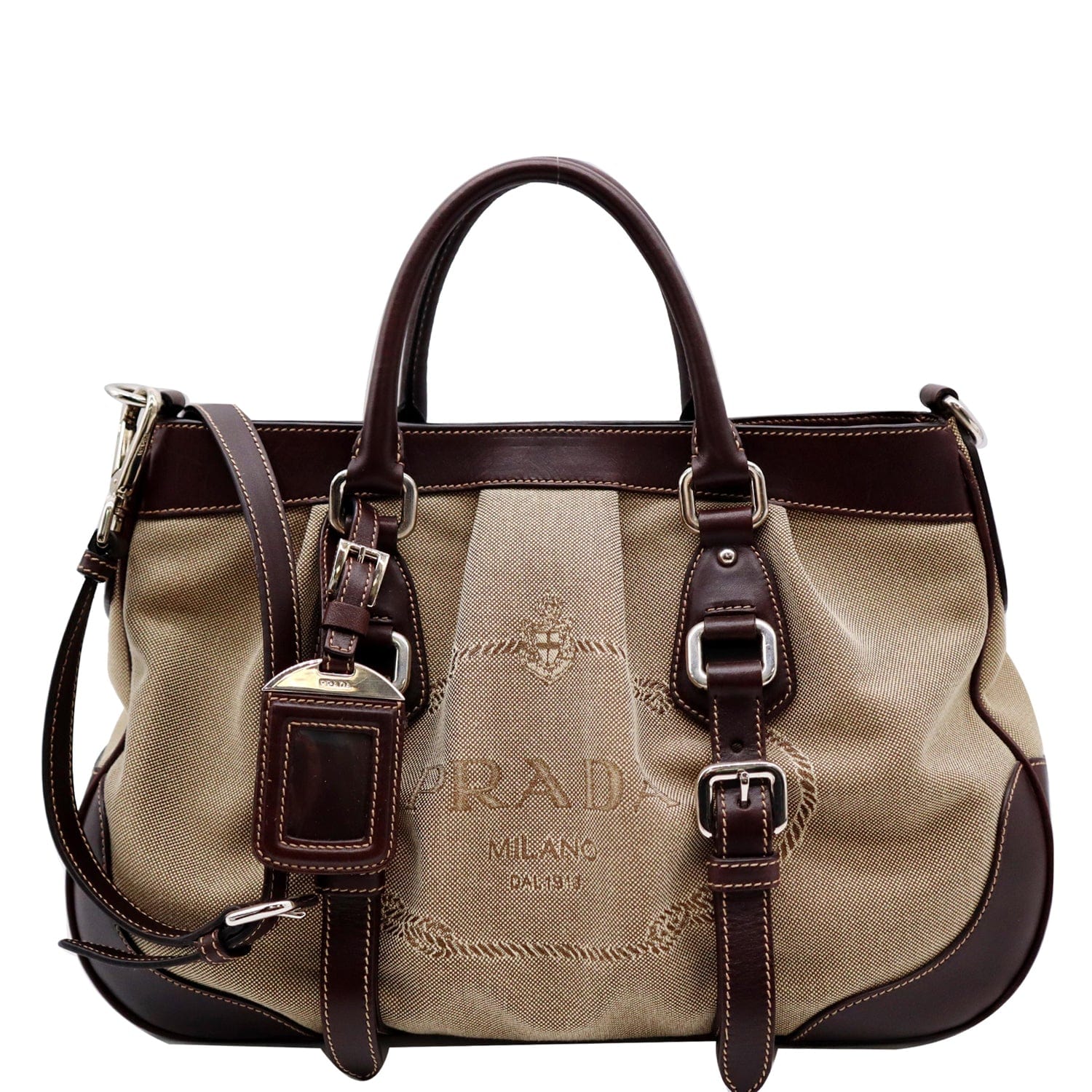 PRADA Jacquard Logo Canvas Leather Tote Shoulder Bag Beige