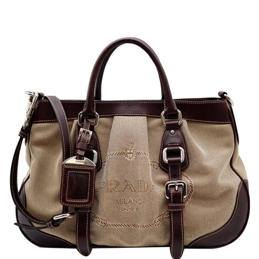 PRADA Jacquard Logo Canvas Leather Tote Shoulder Bag Beige