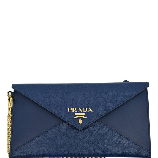 PRADA Envelope Leather Chain Clutch Blue