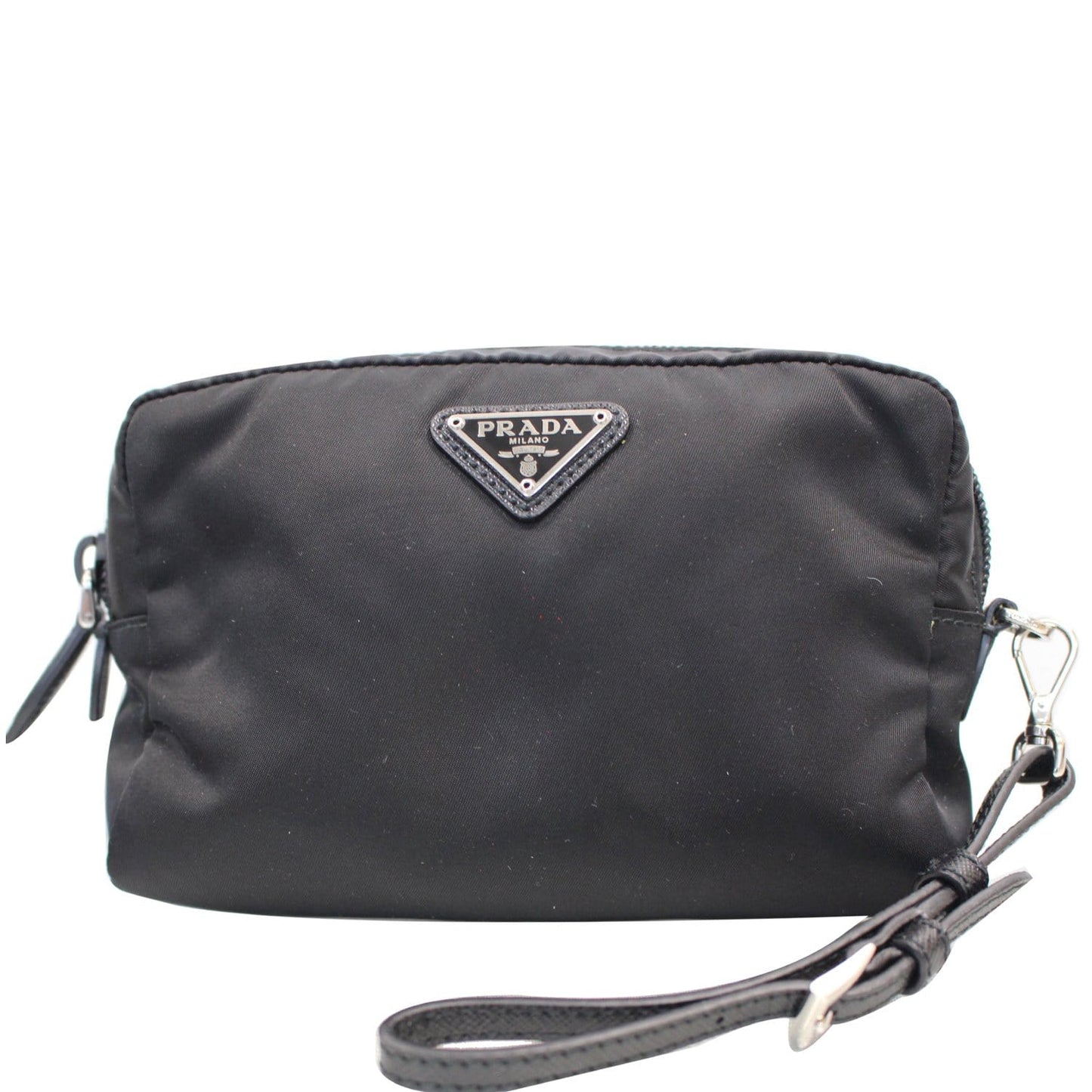 PRADA Logo Round Edge Nylon Cosmetic Wristlet Pouch Black