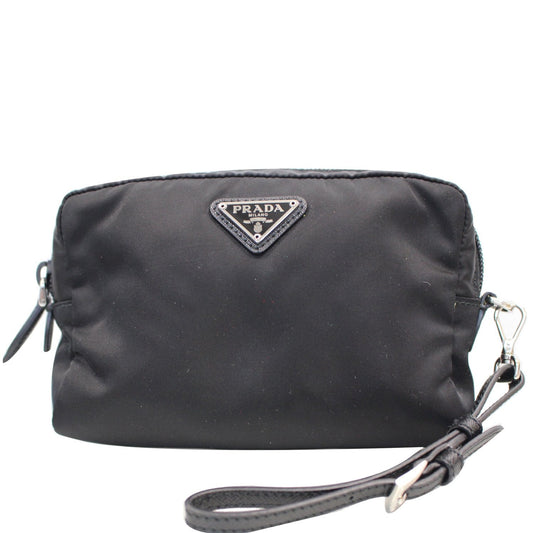 PRADA Logo Round Edge Nylon Cosmetic Wristlet Pouch Black