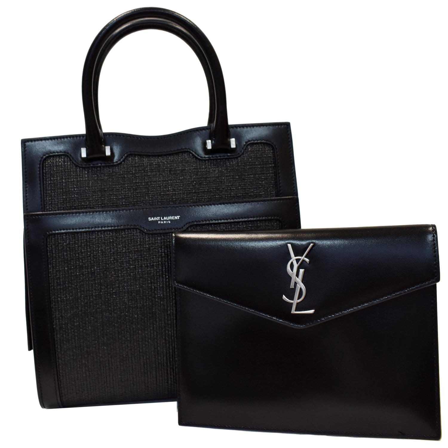 YVES SAINT LAURENT Uptown Small Canvas Leather Tote Bag Black
