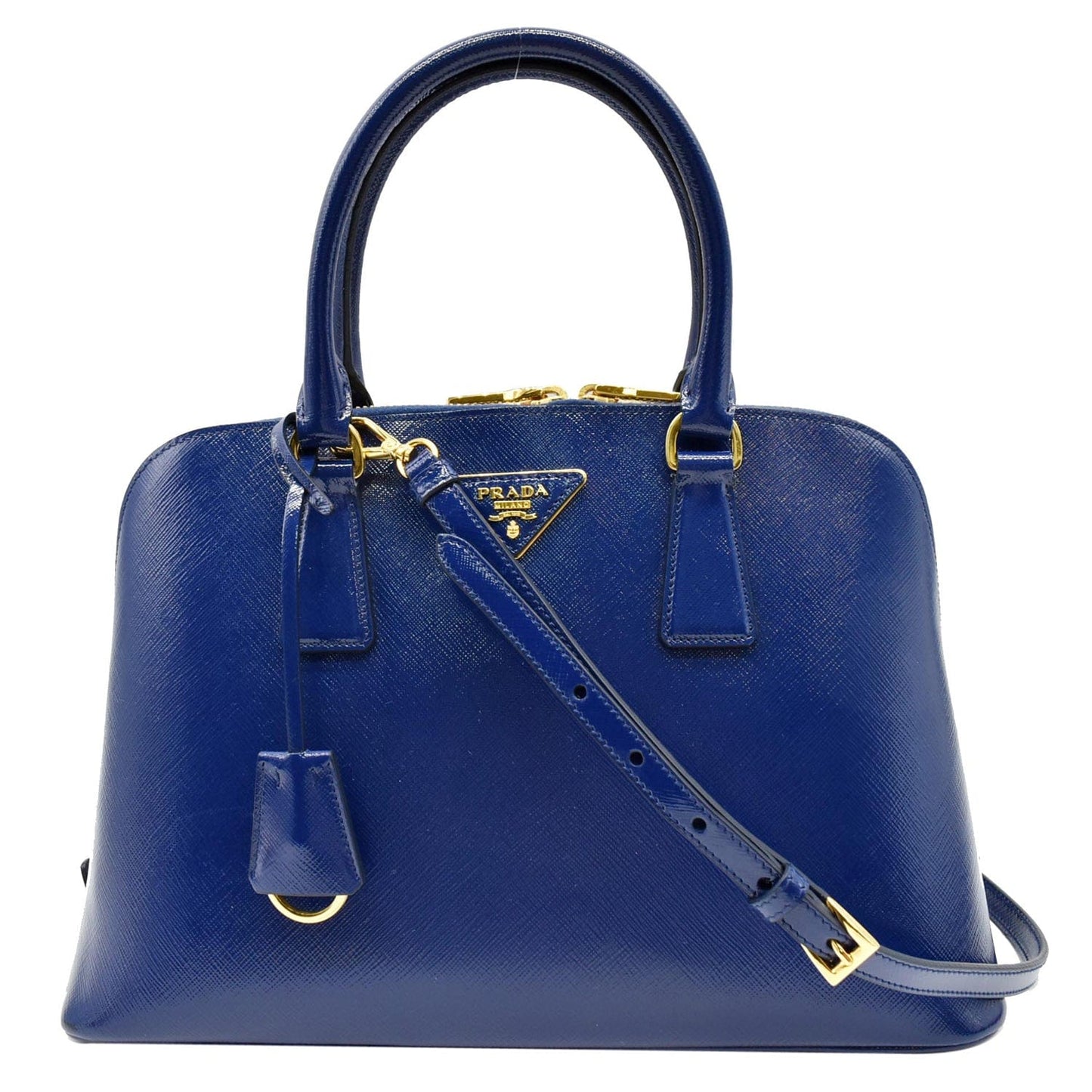 PRADA Vernice Saffiano Leather Top Handle Bag Blue