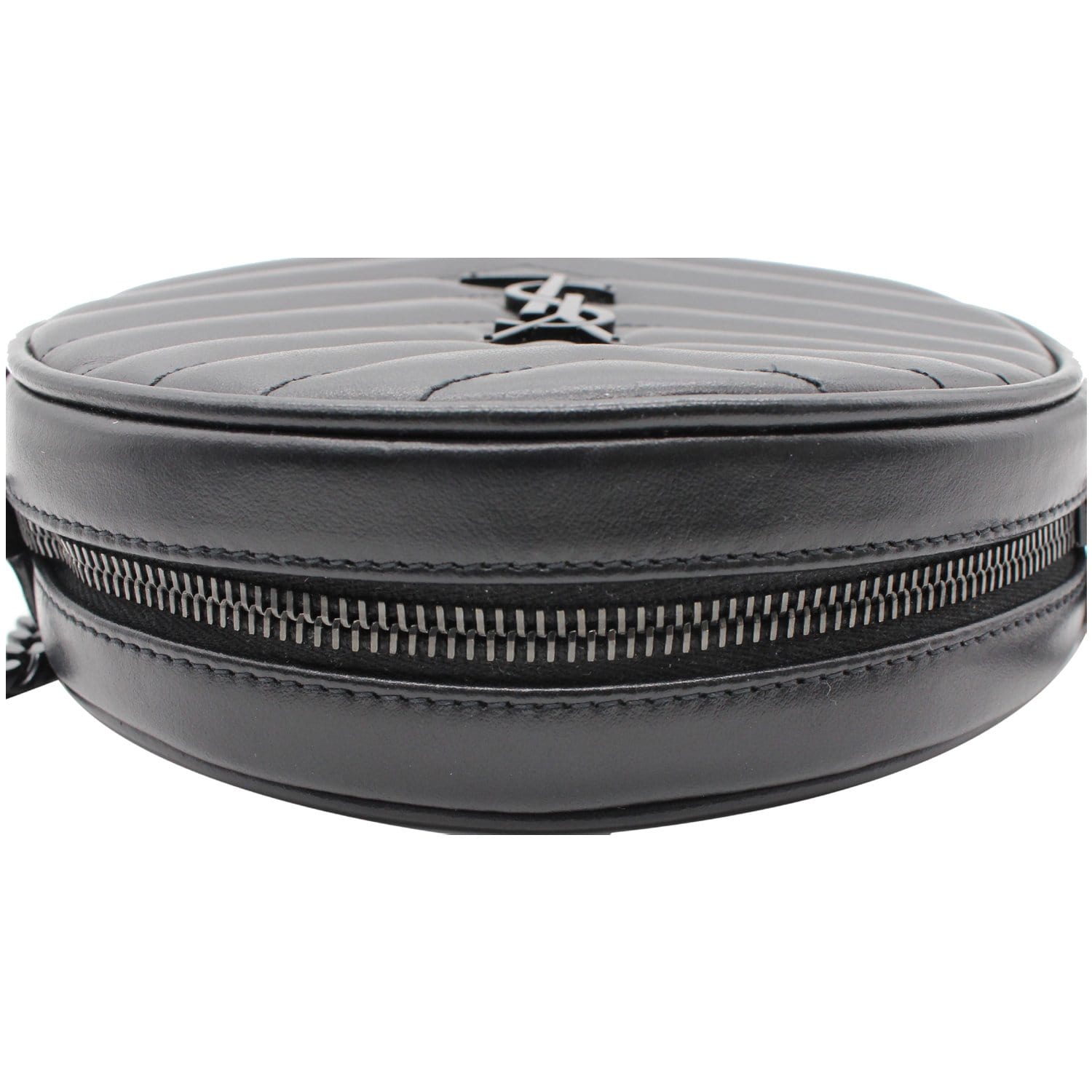YVES SAINT LAURENT Vinyle Round Chevron Leather Camera Crossbody Bag Black