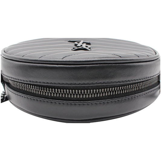 YVES SAINT LAURENT Vinyle Round Chevron Leather Camera Crossbody Bag Black