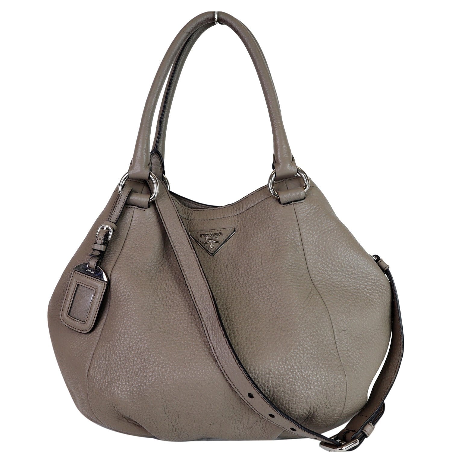 PRADA Vitello Daino Leather Tote Crossbody Bag Taupe