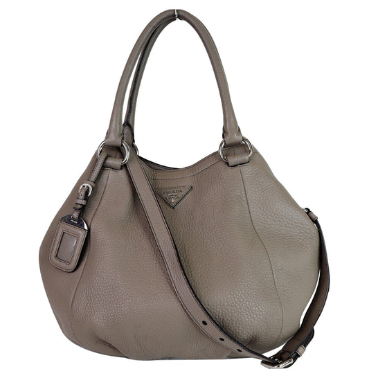 PRADA Vitello Daino Leather Tote Crossbody Bag Taupe