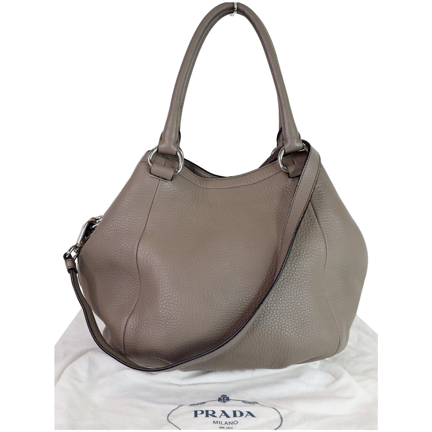 PRADA Vitello Daino Leather Tote Crossbody Bag Taupe