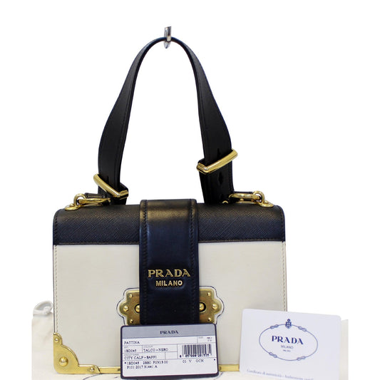 PRADA City Calf Saffiano Leather Cahier Shoulder Bag Talco Nero