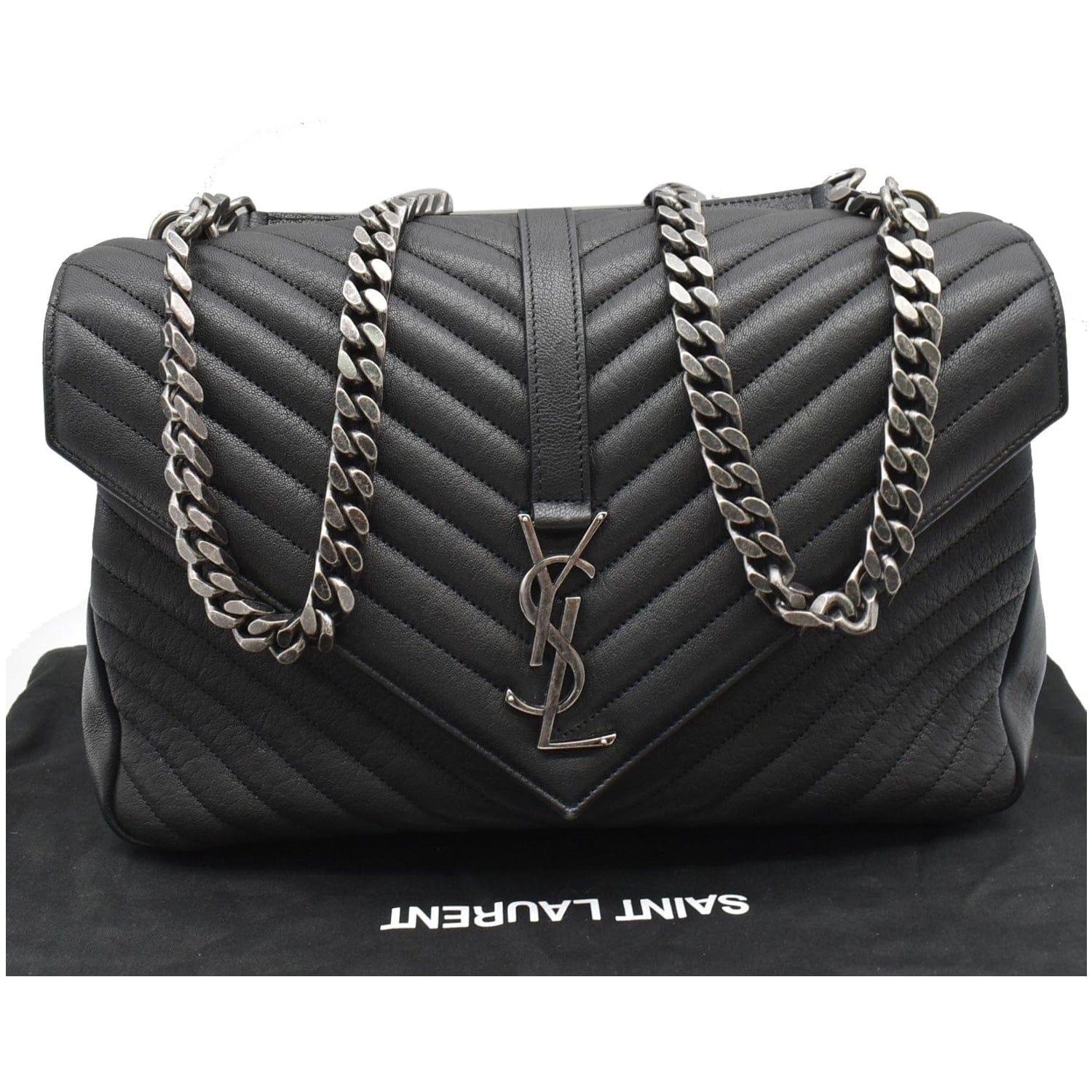 YVES SAINT LAURENT College Medium Flap Matelassé Leather Shoulder Bag Black