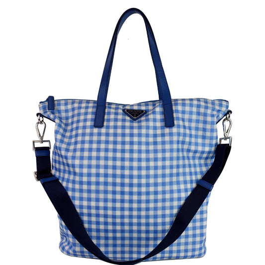 PRADA Textured Nylon Check Tote Shoulder Bag Blue