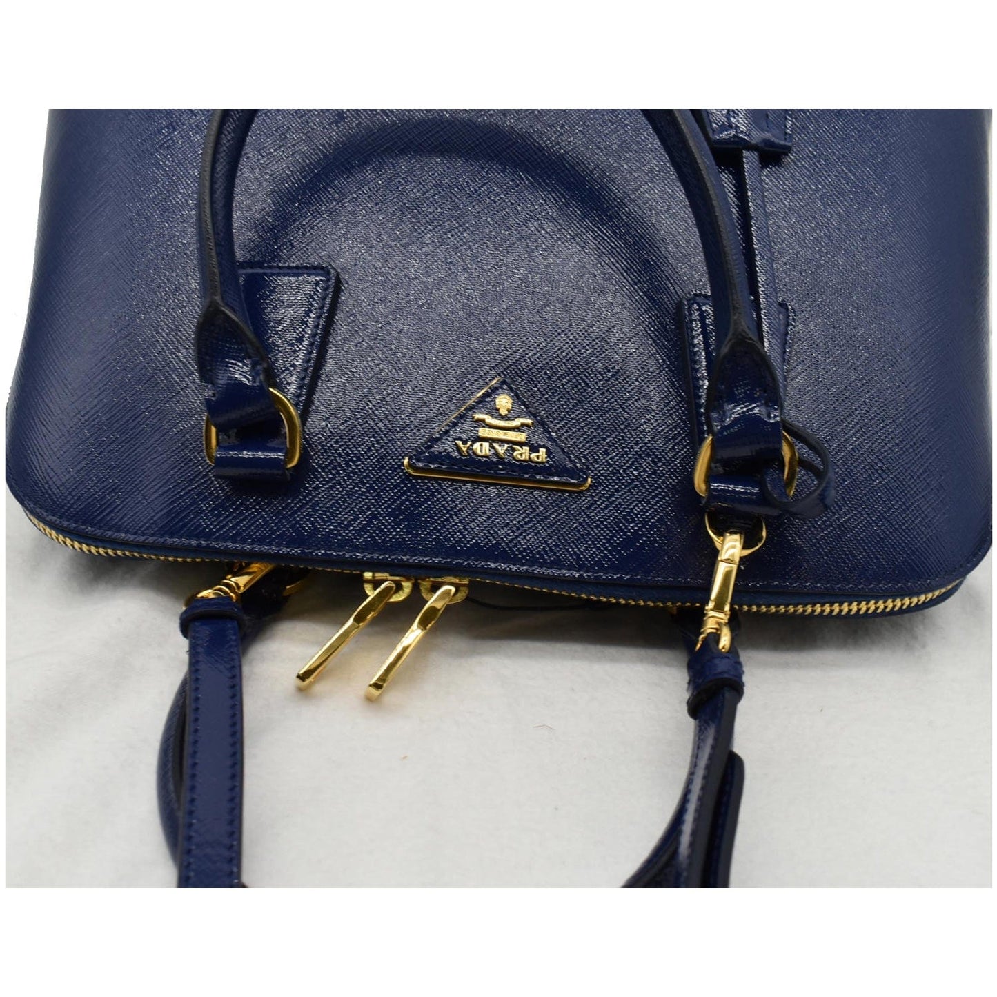 PRADA Vernice Saffiano Leather Top Handle Bag Blue