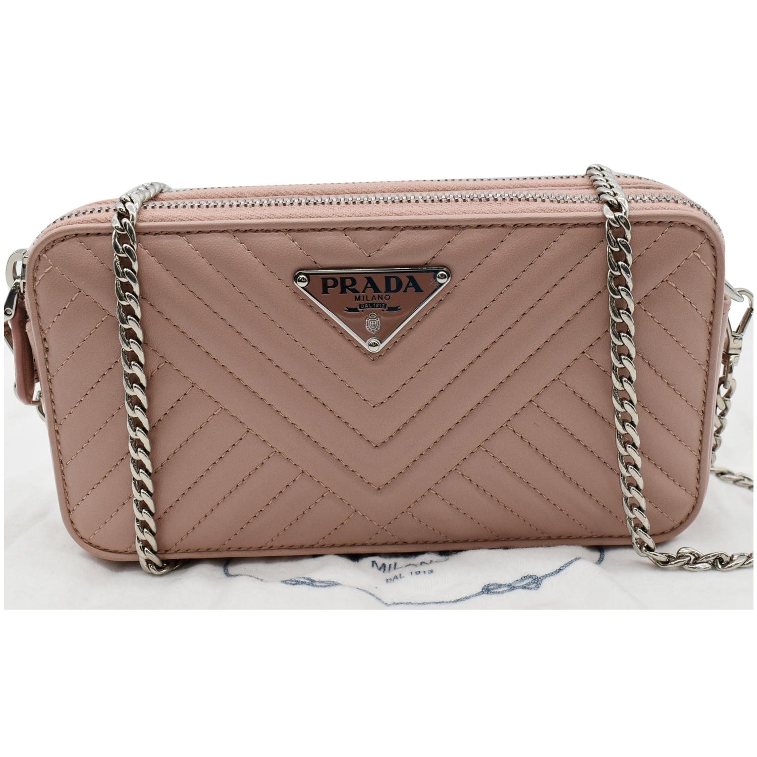 PRADA Nappa Mini Impunture Bandoliera Chain Leather Crossbody Bag Orchidea