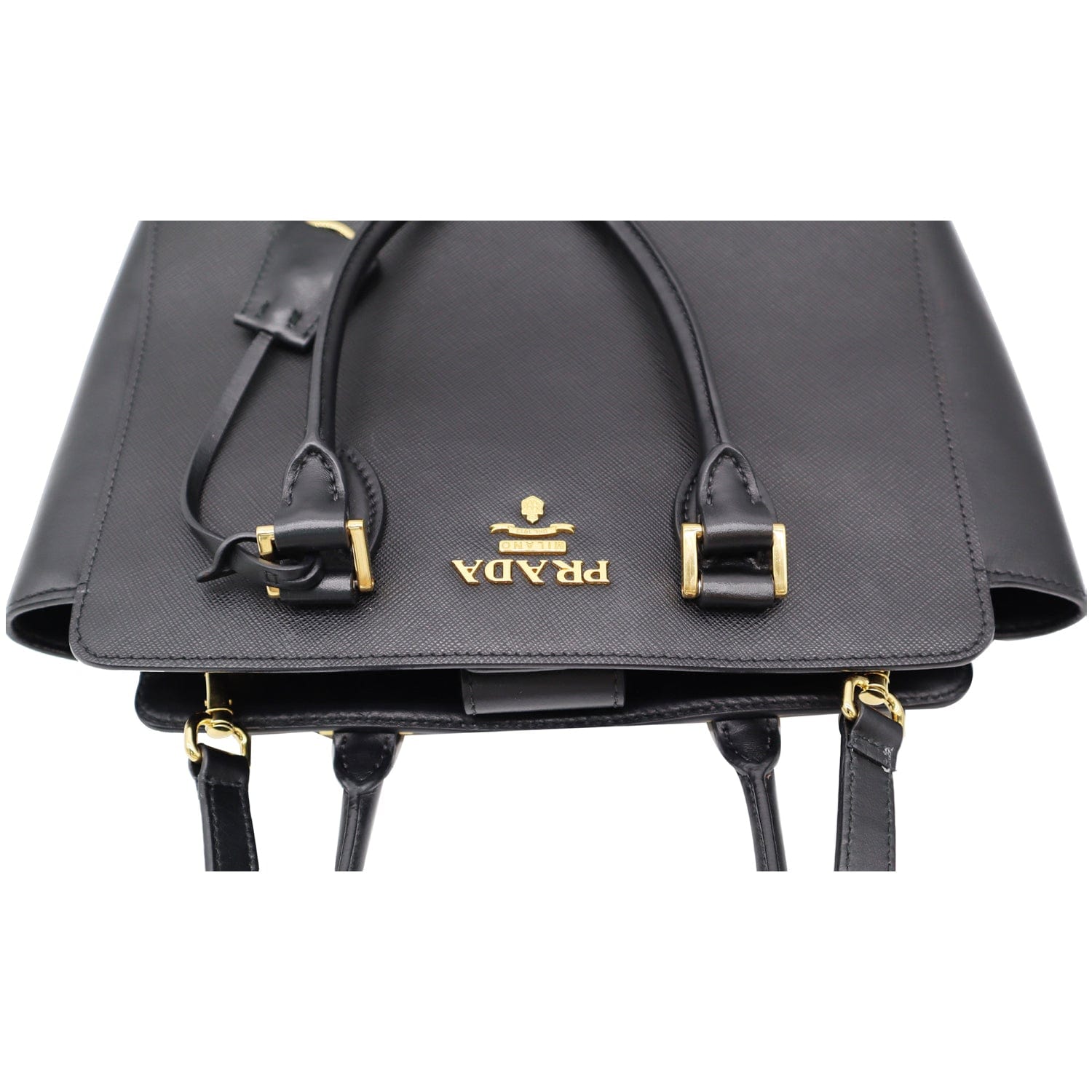 PRADA Top Handle Saffiano Leather Tote Crossbody Bag Black