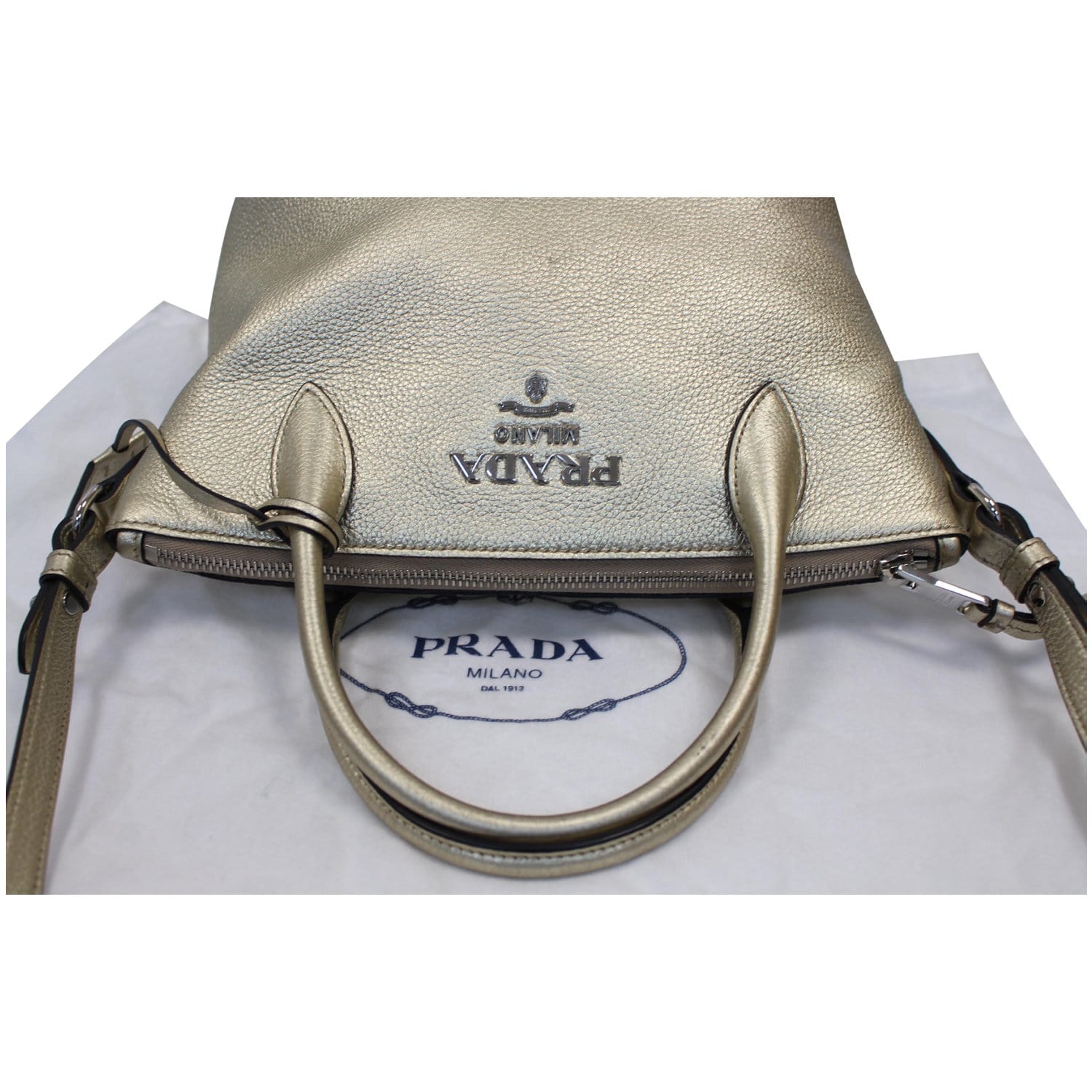 PRADA Small Daino Metallic Leather Tote Shoulder Bag Silver - Last Call