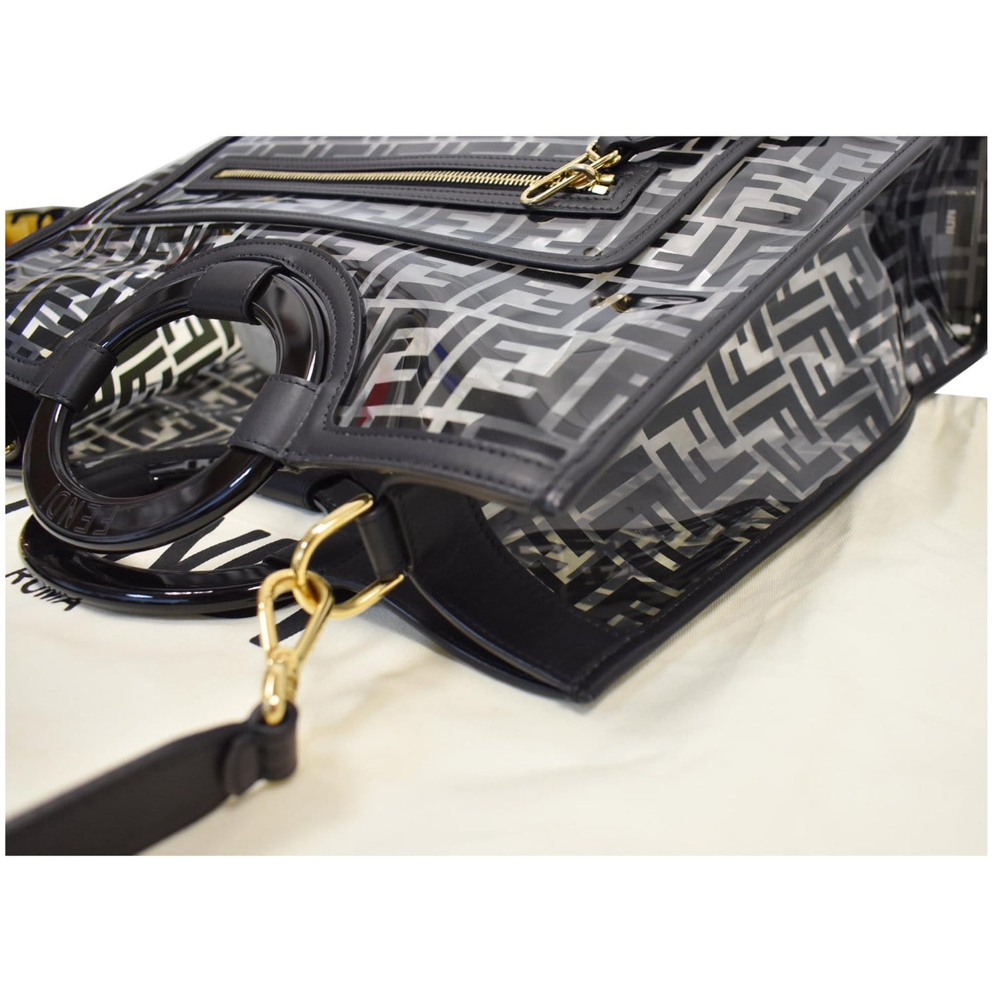 FENDI Runaway Shopper Medium TPU FF Leather Tote Bag Black