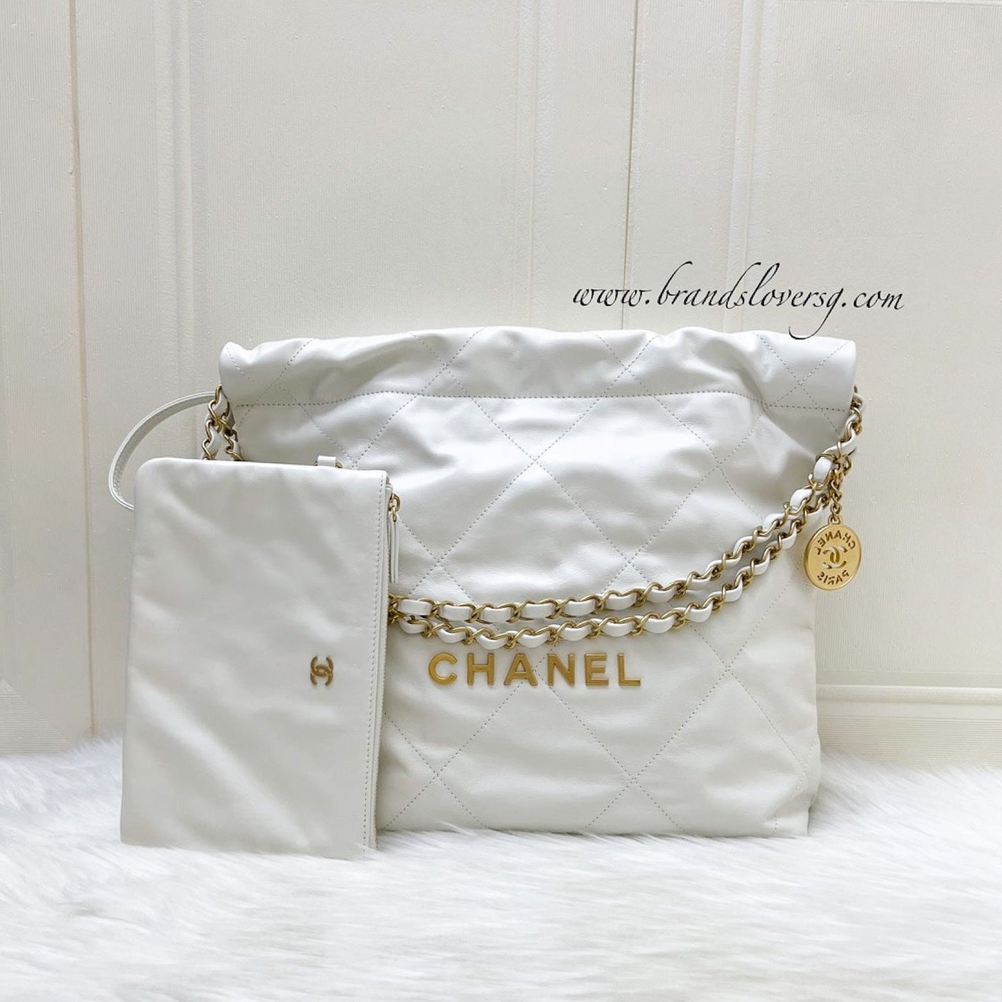 Chanel 22 Small Hobo Bag in White Shiny Calfskin and GHW
