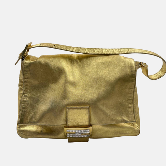 Fendi Mamma Baguette Gold Lambskin Leather Crystal Buckle