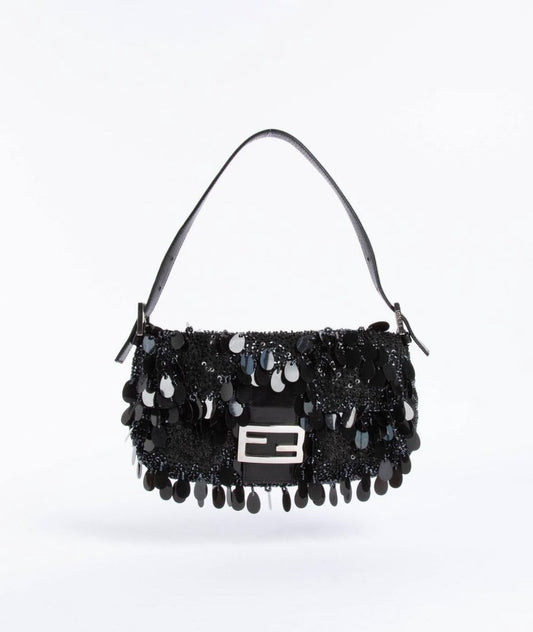 Fendi Baguette with Black Swan Feather-like sequin rufffles RARE