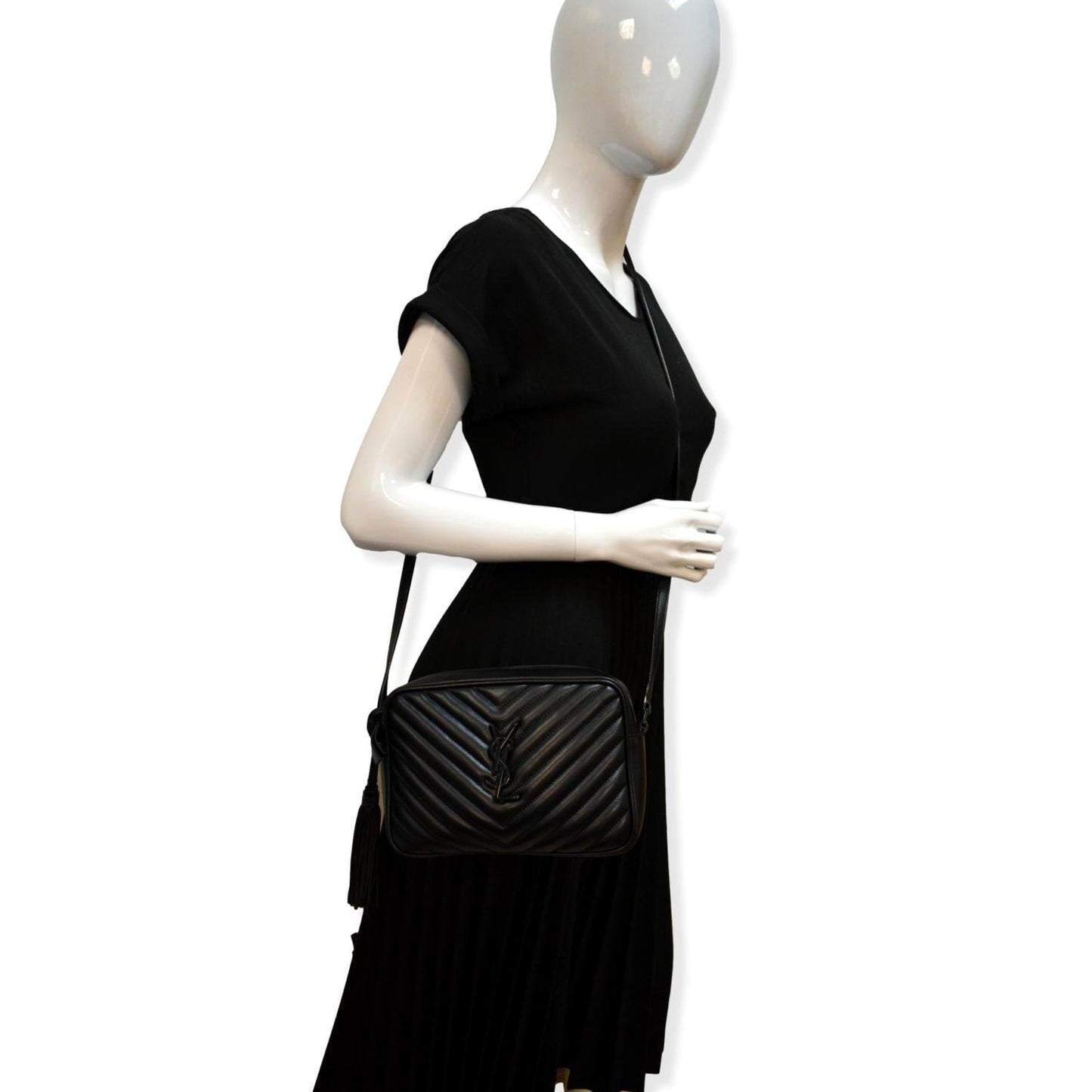 YVES SAINT LAURENT Lou Chevron Leather Camera Crossbody Bag Black