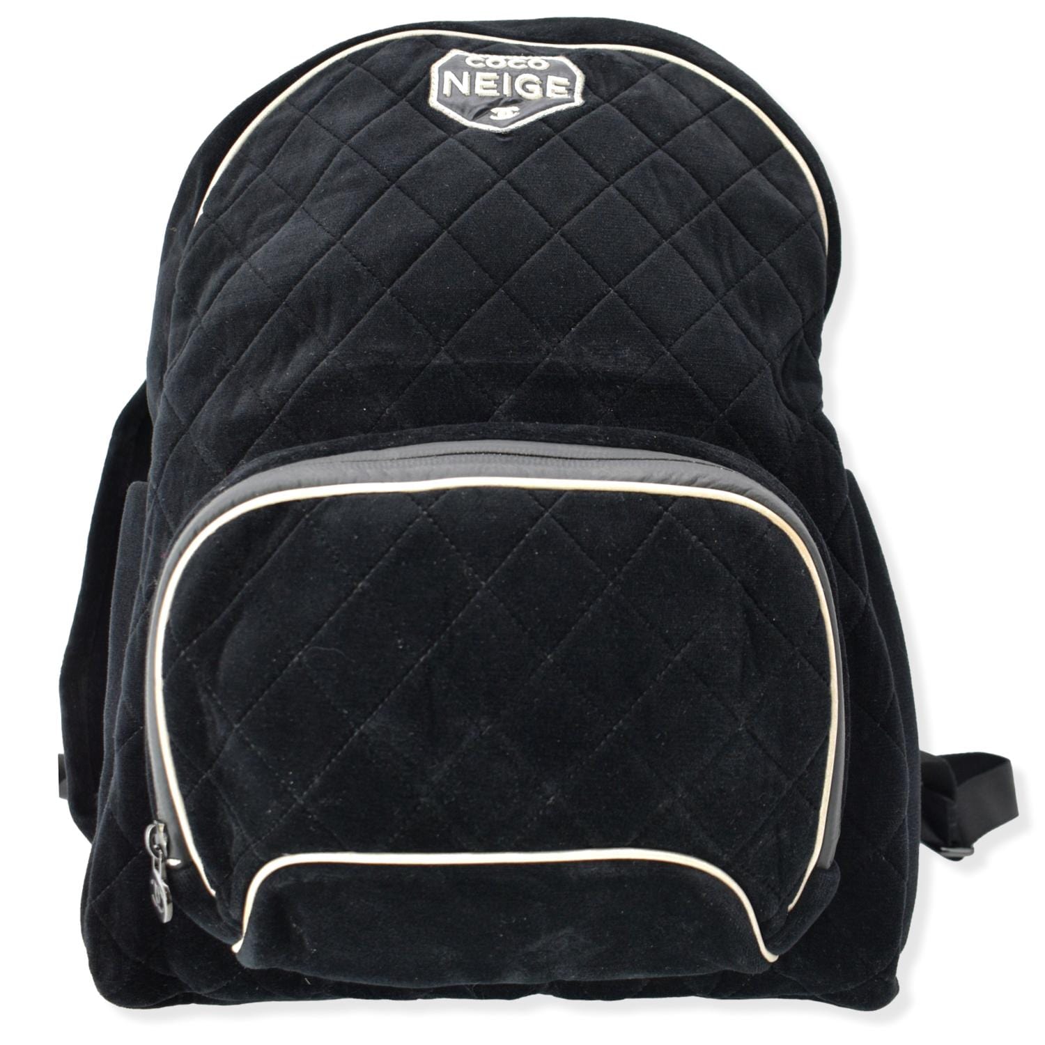 Chanel Coco Neige Front Pocket Quilted Velvet Backpack Bag Black