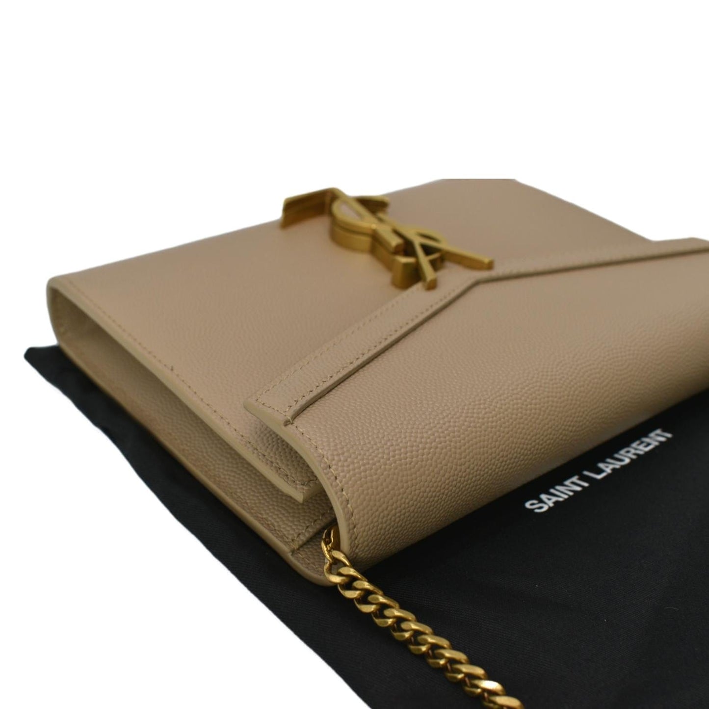YVES SAINT LAURENT Cassandra Grain De Poudre Embossed Chain Wallet Beige