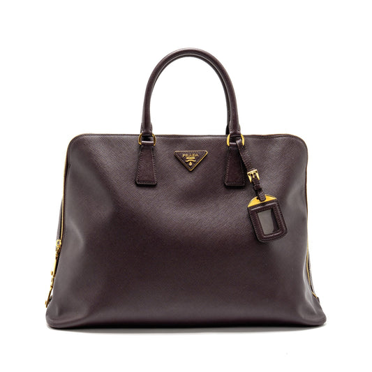 Prada Saffiano Vernice Promenade Large Dome Tote Purse Leather Mogano