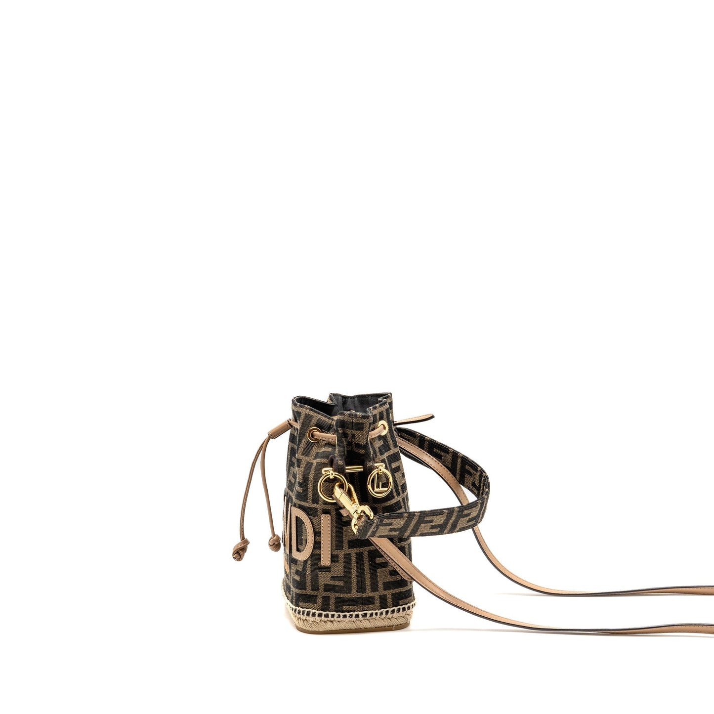 FENDI TRESOR BUCKET Purse JACQUARD Raffia/FABRIC/CALFSKIN BROWN