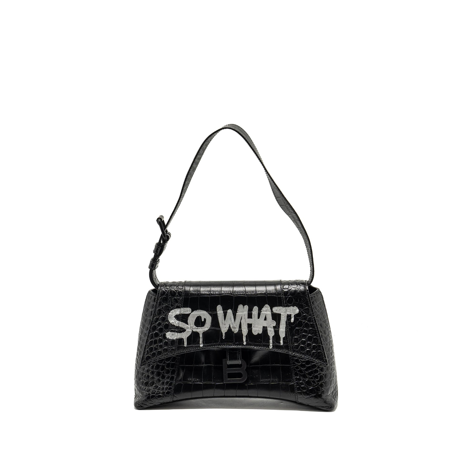 Balenciaga Limited Edition Downtown Small Shoulder Bag Croc-Embossed Calfskin Black with Black Hardware
