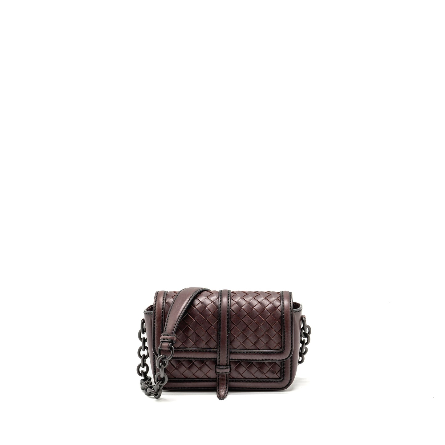Bottega Veneta Mini Intrecciato Flap Purse Leather Dark Brown with Black Hardware