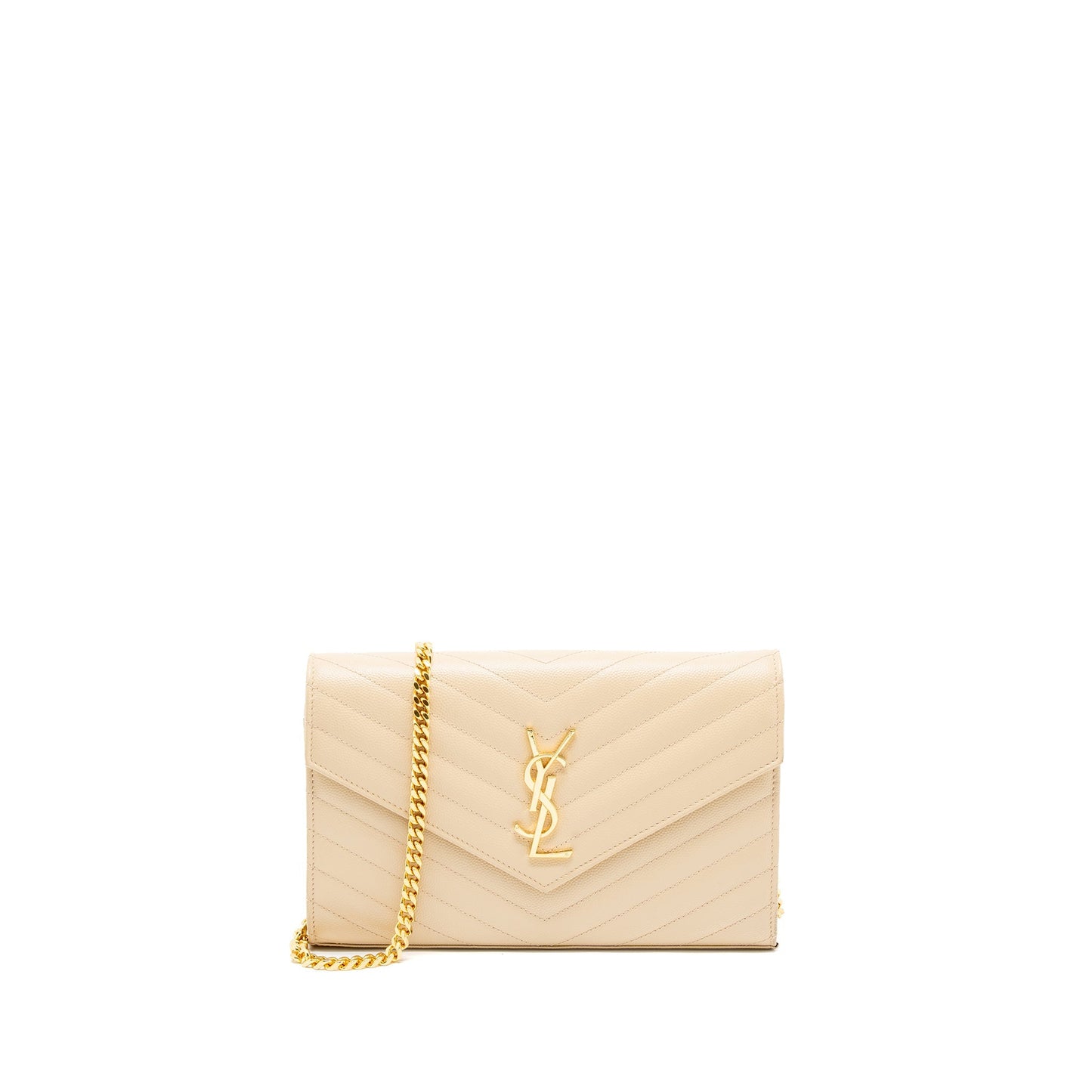 Saint Laurent Cassandre Matelasse Chain Wallet Grained Calfskin Beige