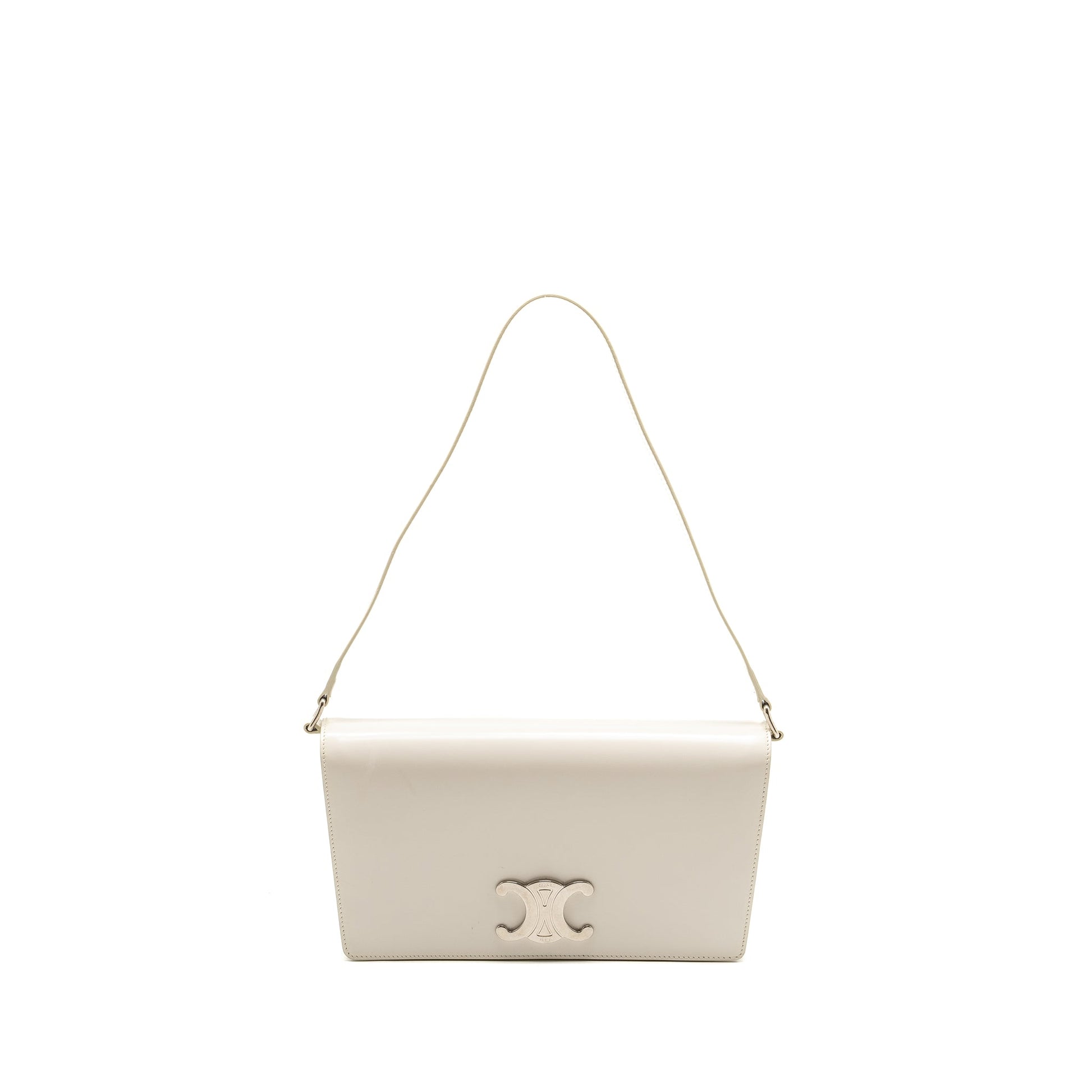 Celine Trapeze Triomphe Shoulder Bag Shiny Calfskin White SHW