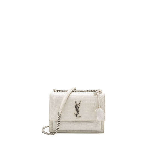 Saint Laurent/ Sunset Purse Crocodile embossed White