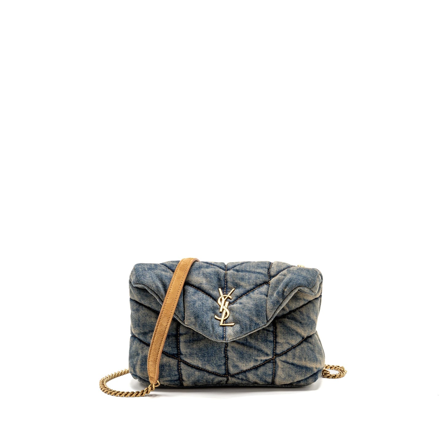 Saint Laurent/ Toy Loulou Puffer Mini Purse Denim Indigo Blue/Cinnamon