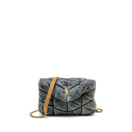 Saint Laurent/ Toy Loulou Puffer Mini Purse Denim Indigo Blue/Cinnamon