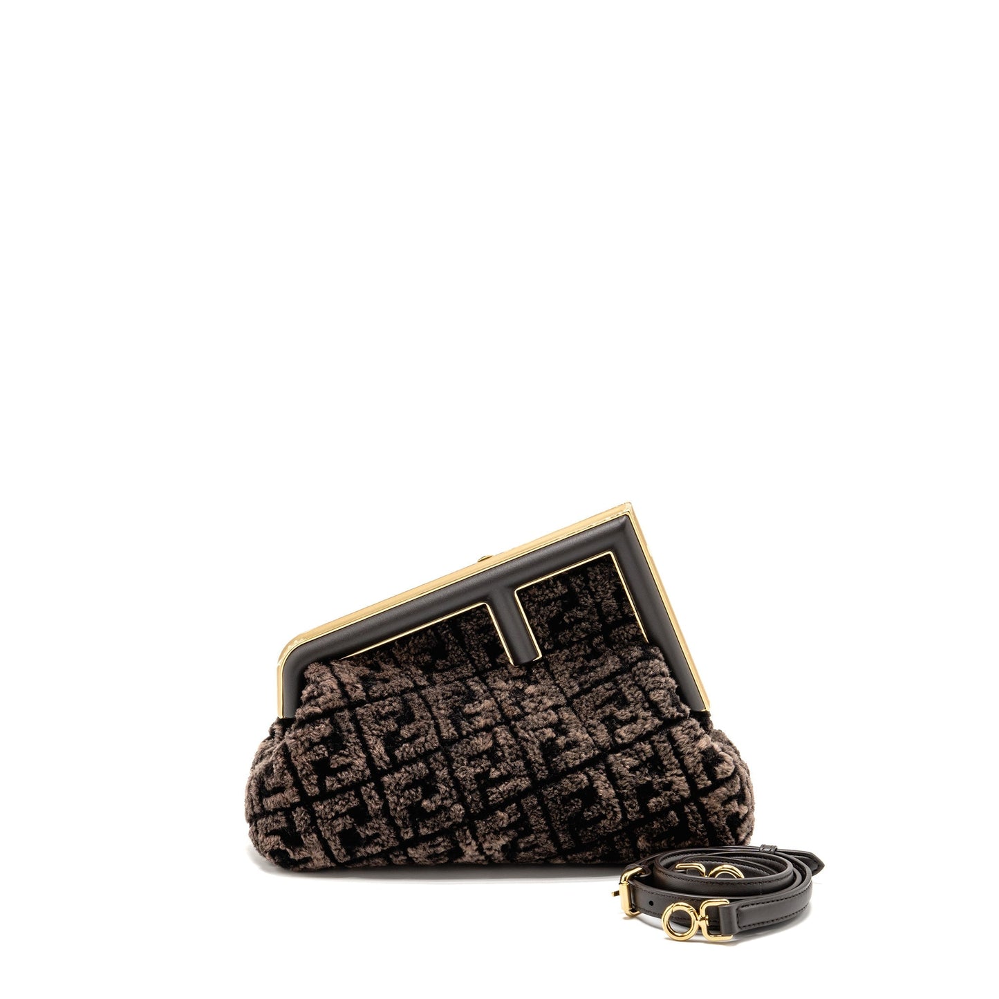 Fendi Medium Fendi First Clutch Purse Shearling Brown