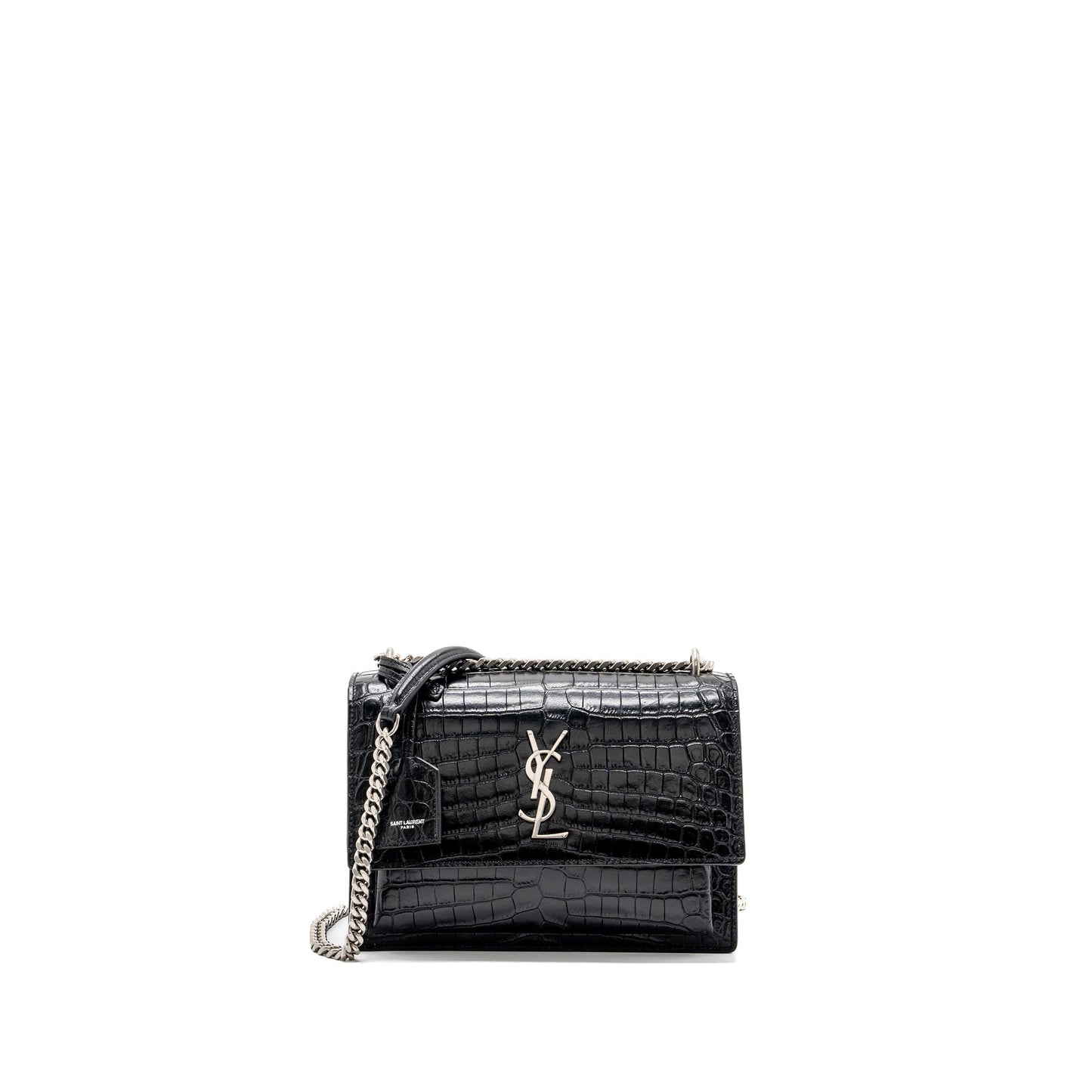 Saint Laurent/ Sunset Purse Crocodile-Embossed Black