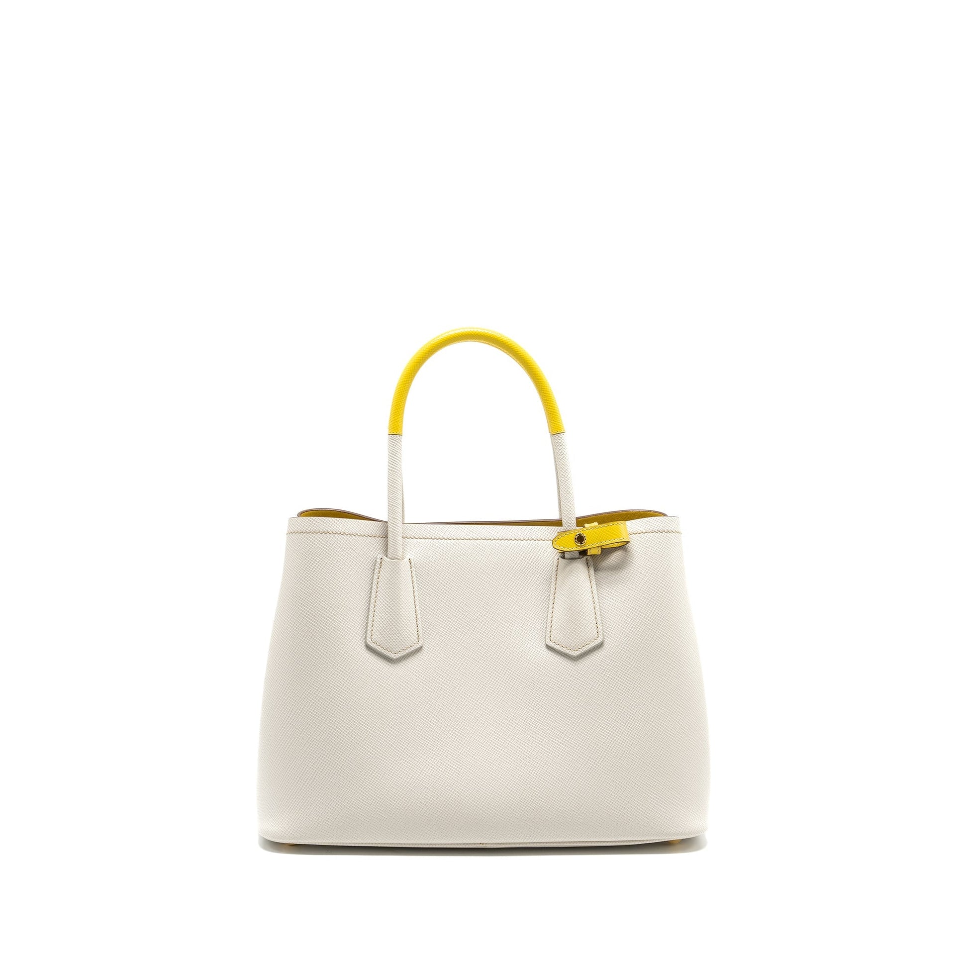 Prada Small Saffiano Cuir Tote Purse Calfskin White/Yellow