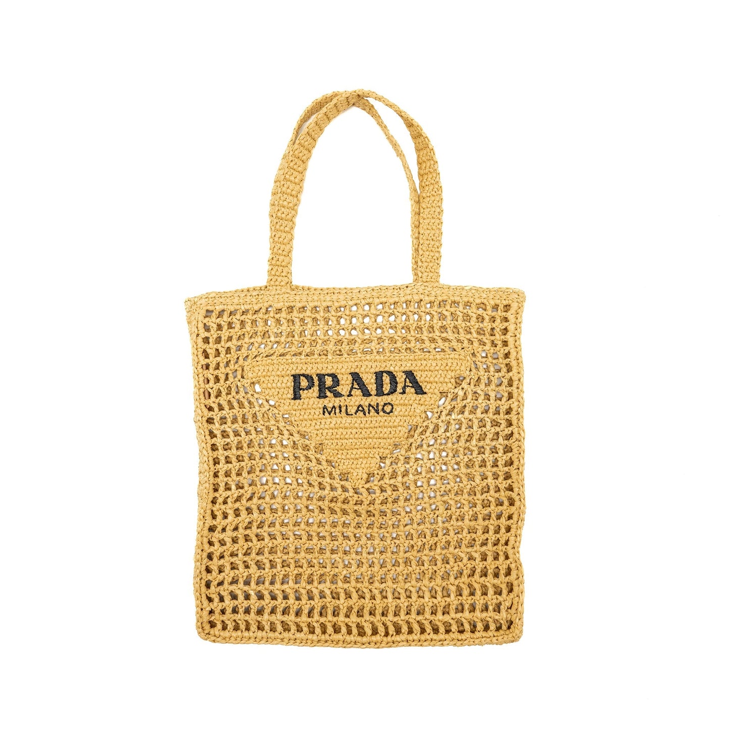 Prada Crochet Tote Purse Raffia Tan