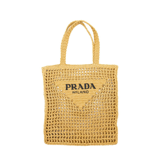 Prada Crochet Tote Purse Raffia Tan